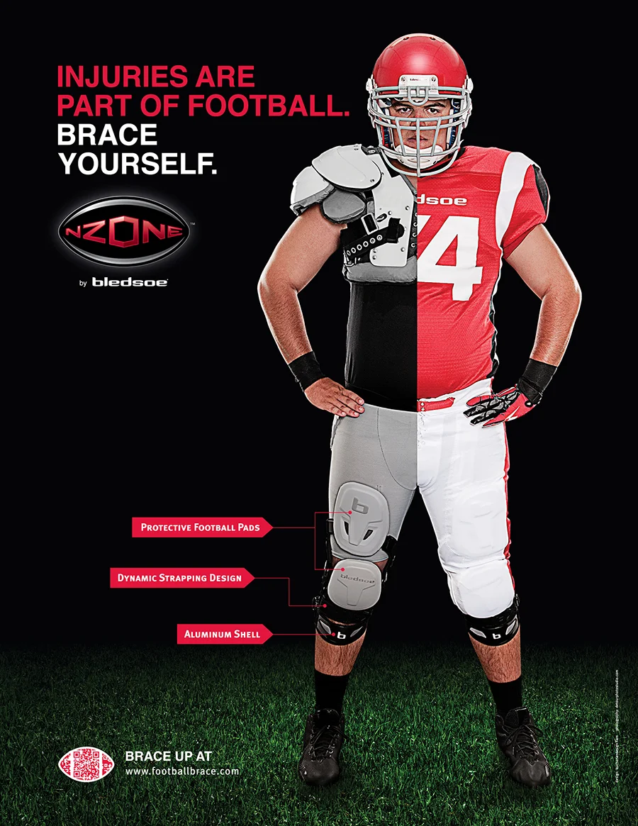 Photography, logo design and layout of Bledsoe NZONE knee brace poster.