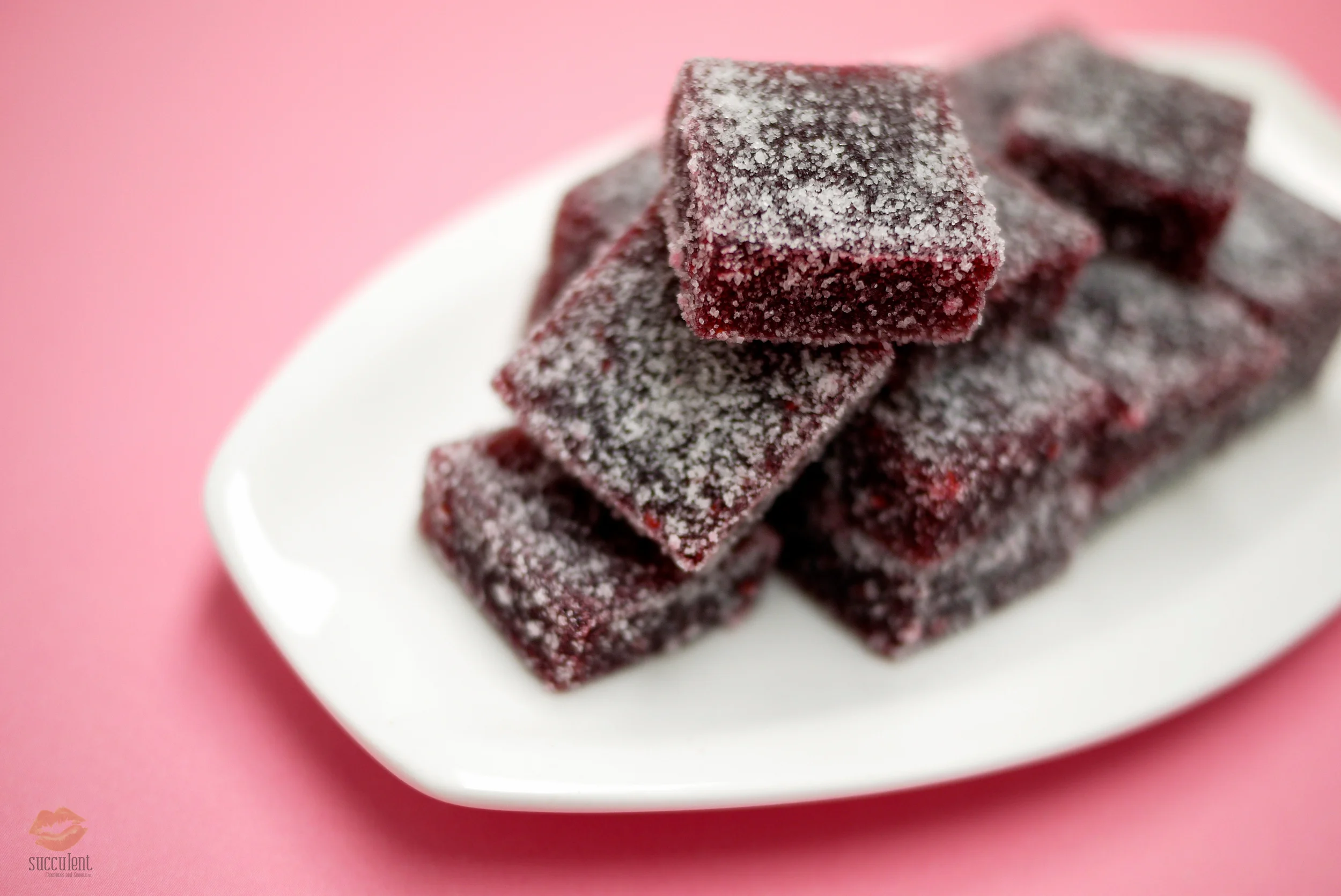 Raspberry Pâtes de Fruit ("pat de fwee"), or fresh fruit jellies, are a burst of intense raspberry flavour with each bite. They are made with fresh raspberries and raspberry puree, all natural yet delicious!