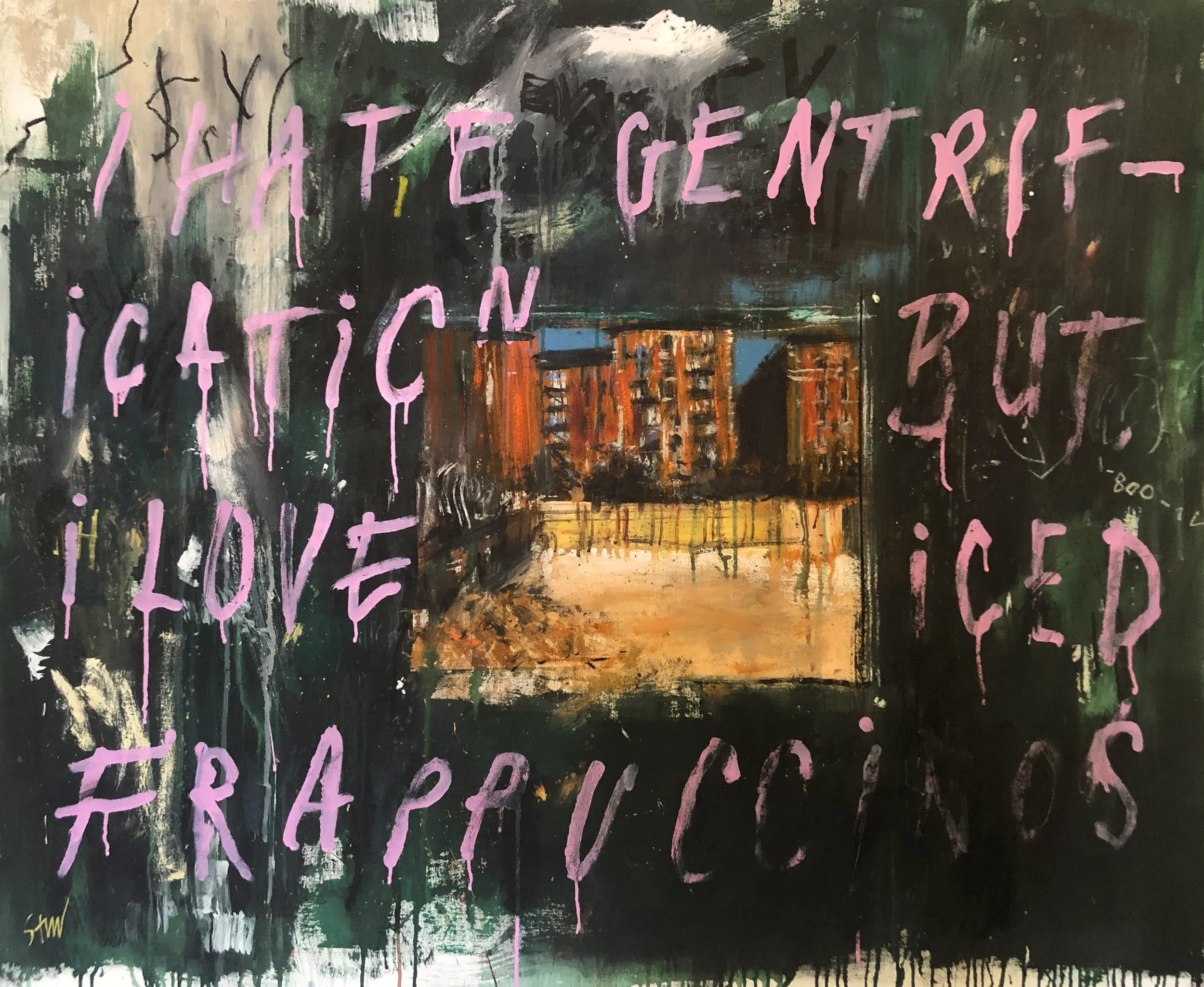 "Under Construction"
Acrylic, ink, KRINK, and charcoal on canvas
40” x 50”  |  2020
$6,000