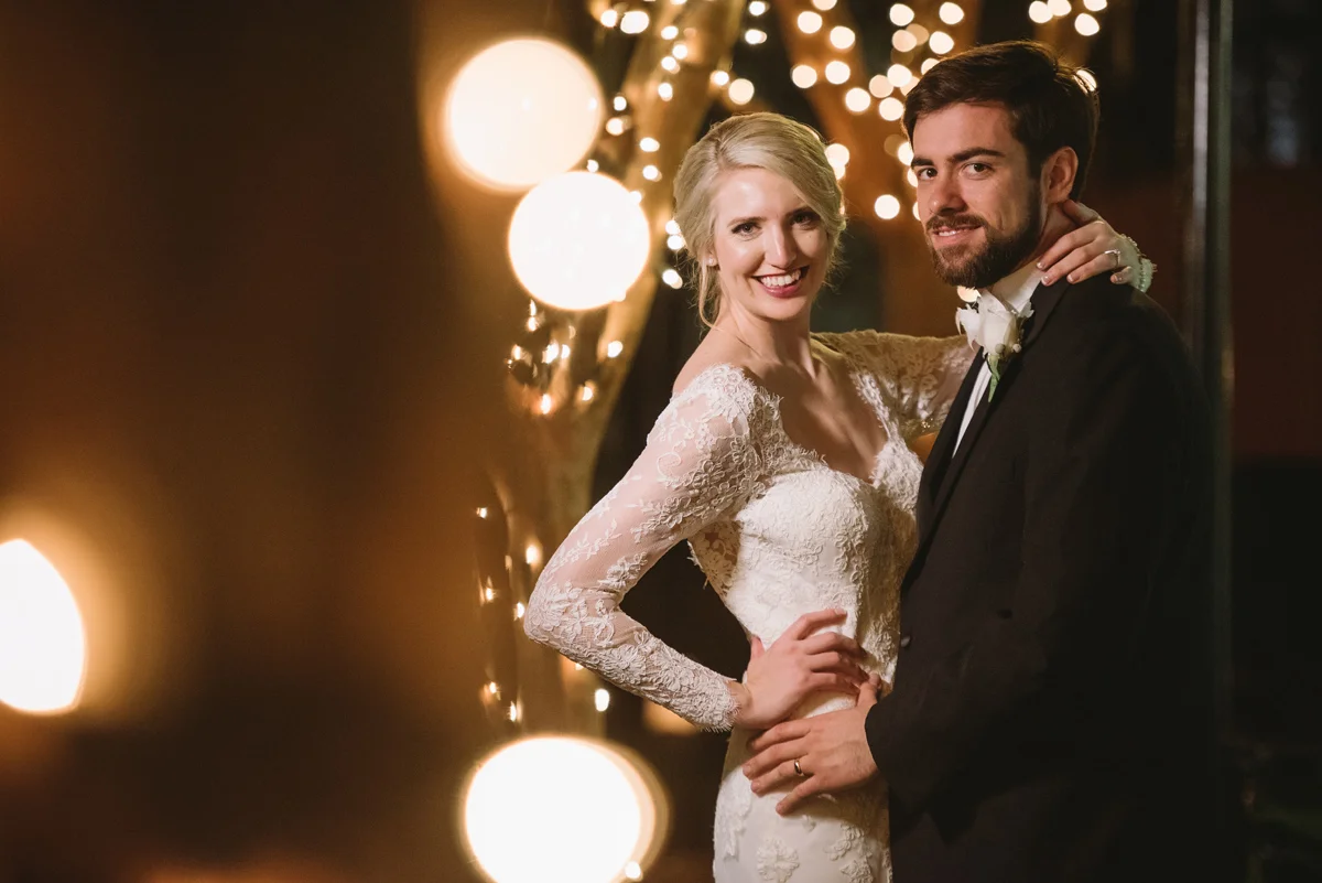 evening wedding portraits christmas lights