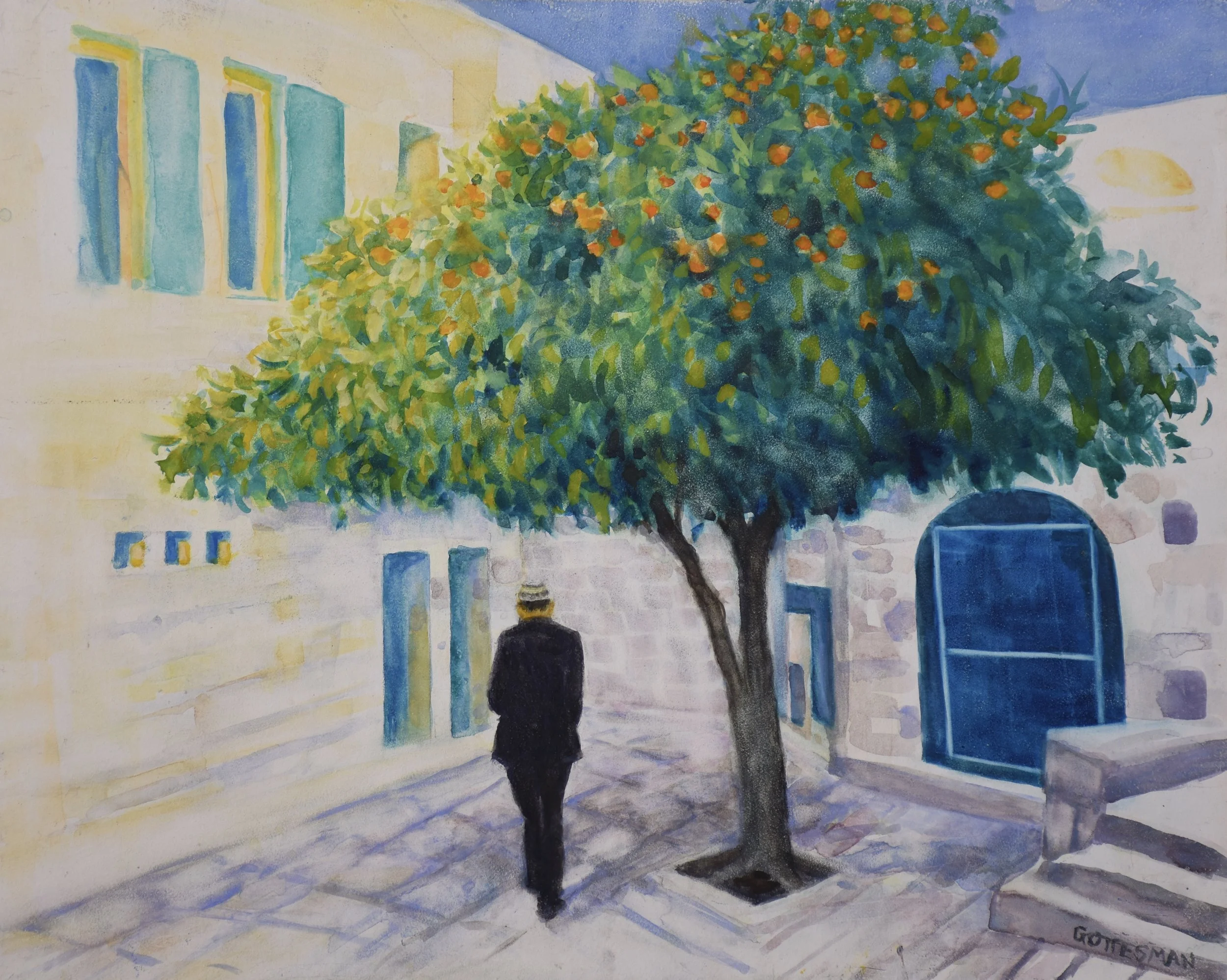 An Orange Tree Grows in Old Jerusalem - watercolor - 16 x 20 - $400