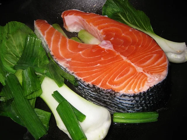 Ketosis Friendly Foods: Healthy, fatty salmon and bok choy.