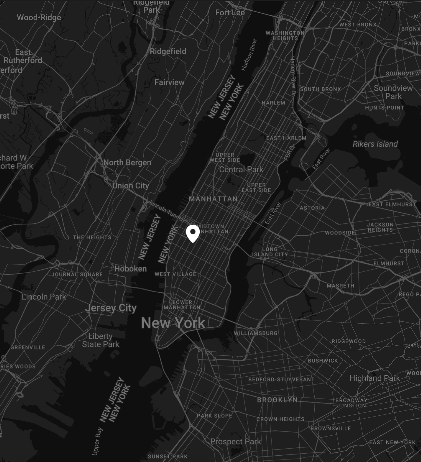 Grey scale Google Maps view of Manhattan with the pin on DiSalvo Performance Training