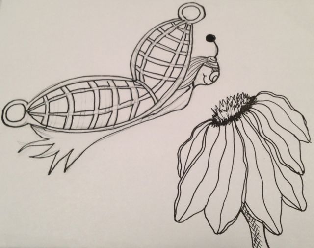 butterfly and flower black ink drawing