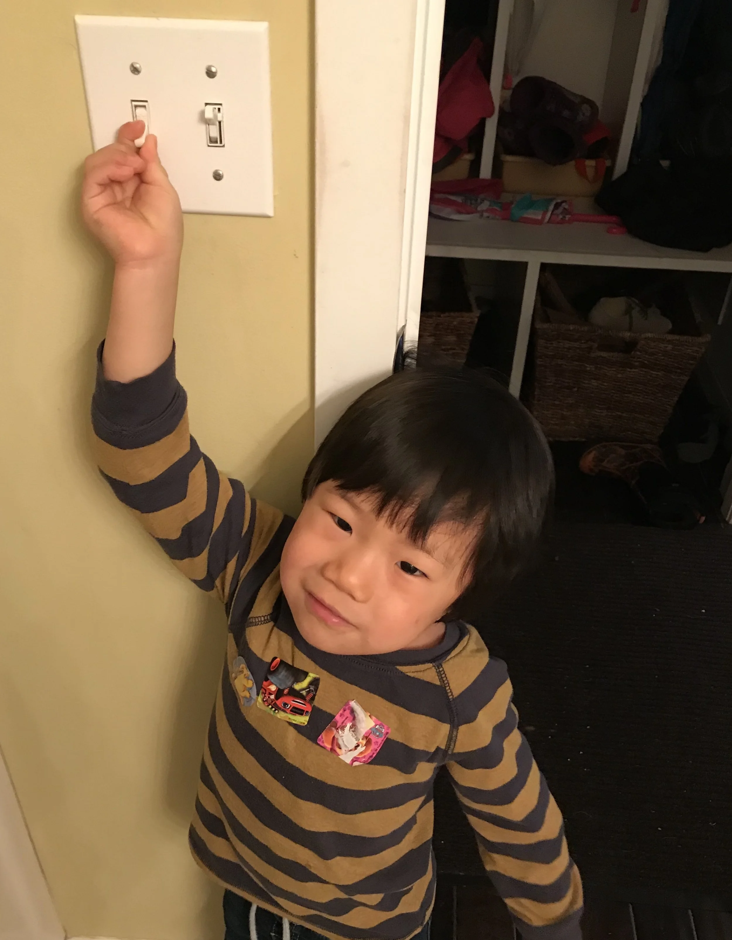 Joshua discovering that this switch actually did something. He had never heard the ceiling fan before and rejoiced in hearing it time and time and time again today! 