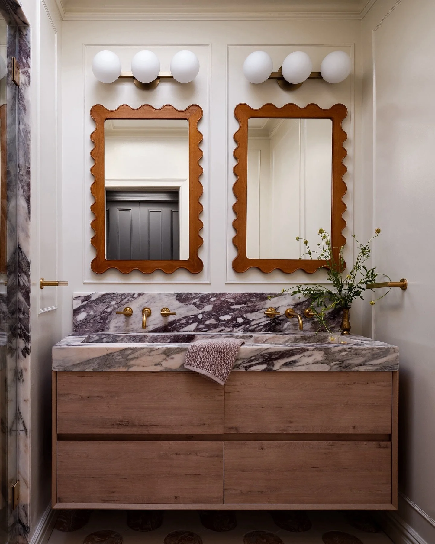 Texture. Tone. Pattern.
Serene primary suite inspired by the elegance of Italian formal gardens. Designed & brought to life by the talents of the @brownstoneboys and recently featured in @archdigest. 
#CarrollJardin #bathroomsuite #marblebathro