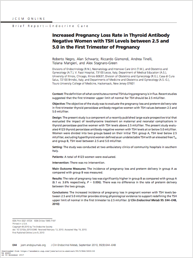 Increased Pregnancy Loss Rate in Thyroid Antibody Negative Women with TSH Levels between 2.5 and 5.0 in the First Trimester of Pregnancy.png