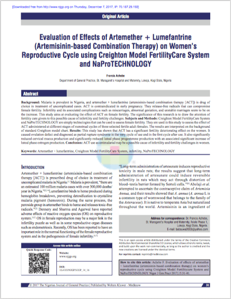 Evaluation of effects of artemether + lumefantrine (artemisinin-based combination therapy) on women's reproductive cycle using Creighton Model Fertilitycare System and NaProTECHNOLOGY.png