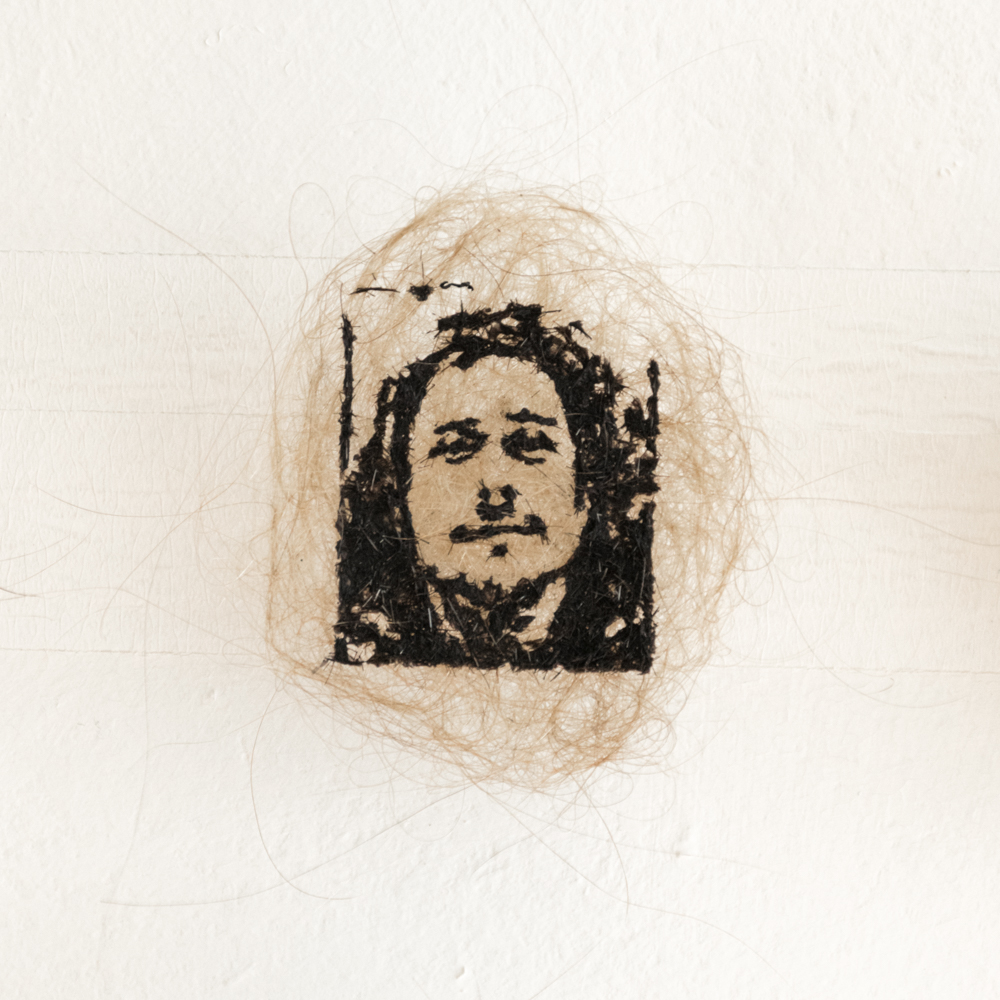 'ID Photo' (detail) One of Leo's small self portraits made from hair