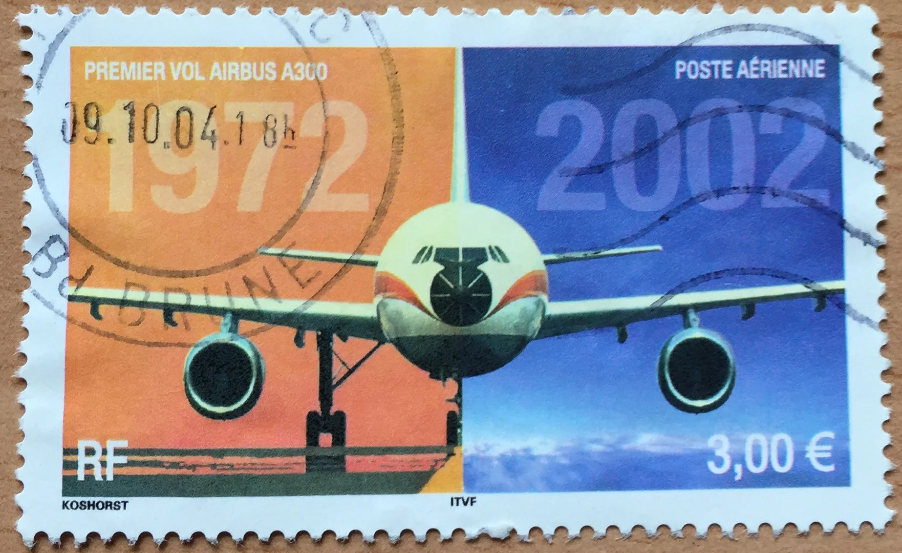 The Airbus A300, again in a French postal stamp of 2002. This time already priced in Euros and celebrating 30 years of the introduction of the first of Airbus airliners.