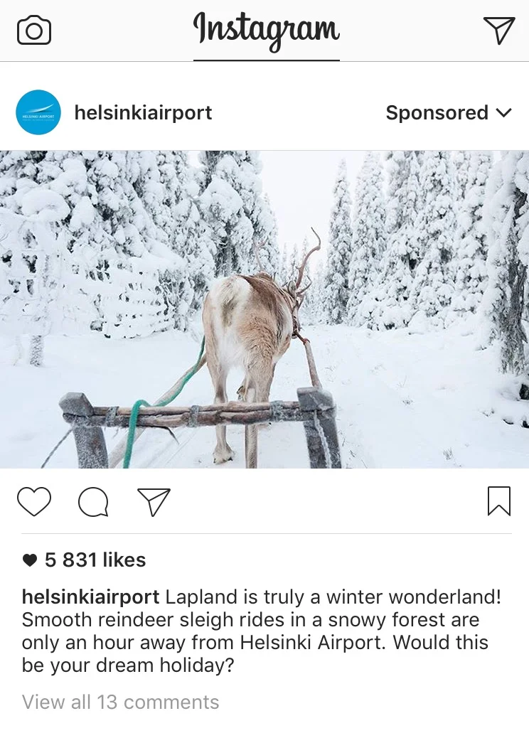 Helsinki airport uses Instagram as a promotional tool, even sponsoring some posts