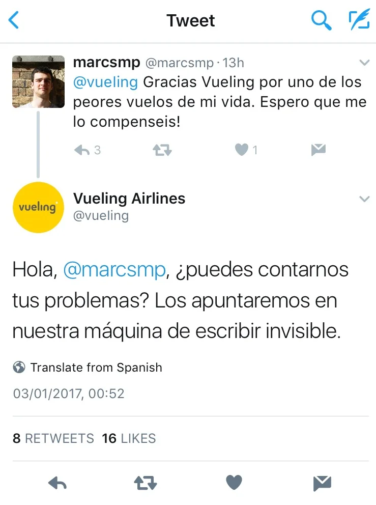 "Thanks, Vueling, for one of the worst flights in my life" - "Sure, tell us about your problems, and we will write everything down with our invisible typewriter"