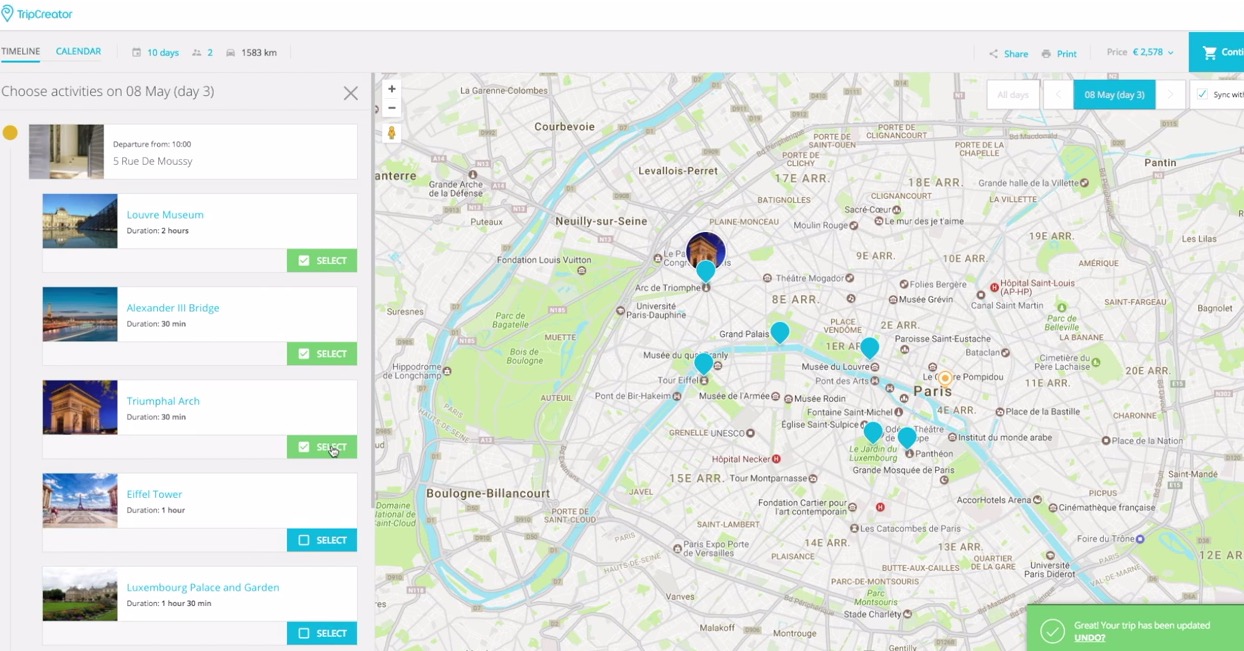 At every step you can search accomodation and activities options. TripCreator knows what are your schedules, so it will suggest those that are feasible within your timeframe, location and other filters you set