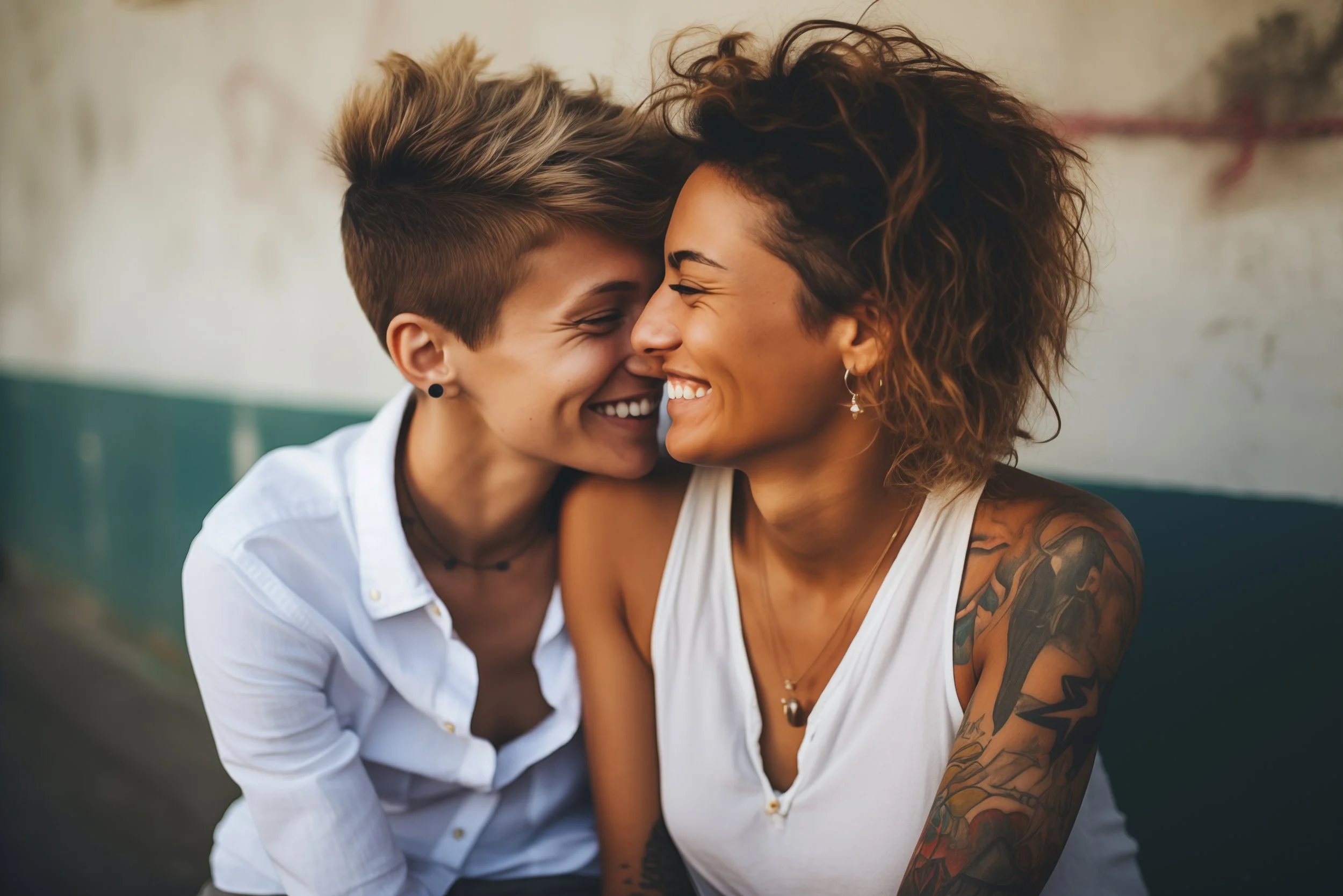 A happy lesbian couple being affectionate with one another.