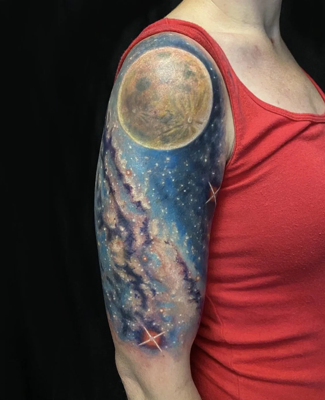 color galaxy and moon half sleeve tattoo Austin by Andrew Matela