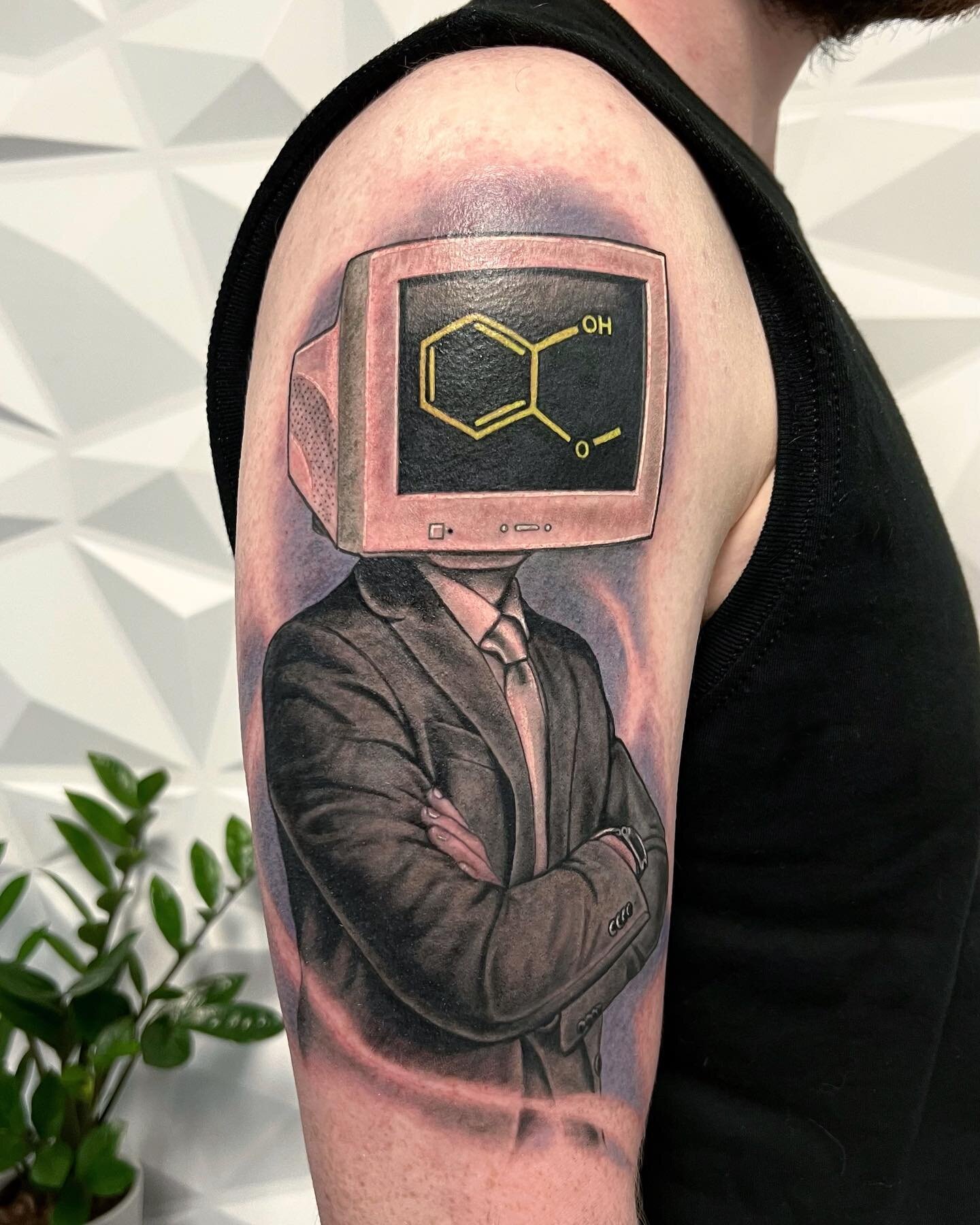 First tattoo for a cool scientist. This design was created as a tribute to his research on a newly discovered molecule that he studied using quantum computing simulations. He has since moved on from physics to software engineering and wanted a piece 