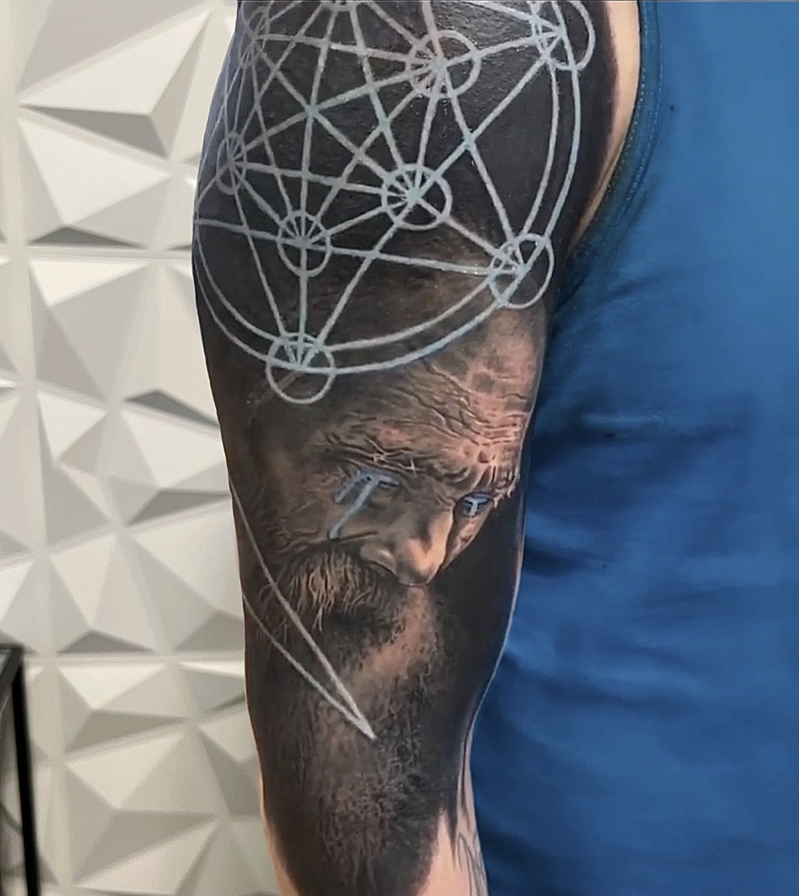 Black and grey lion and sacred geometry half sleeve tattoo, Austin, by Andrew Matela