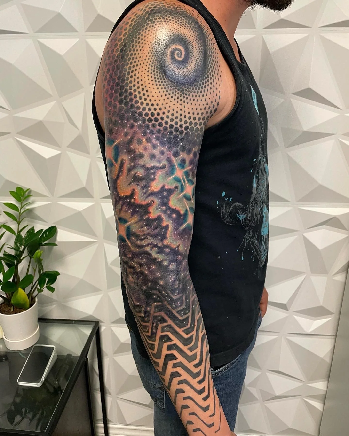 custom color cosmic geometric sleeve tattoo Austin by Andrew Matela