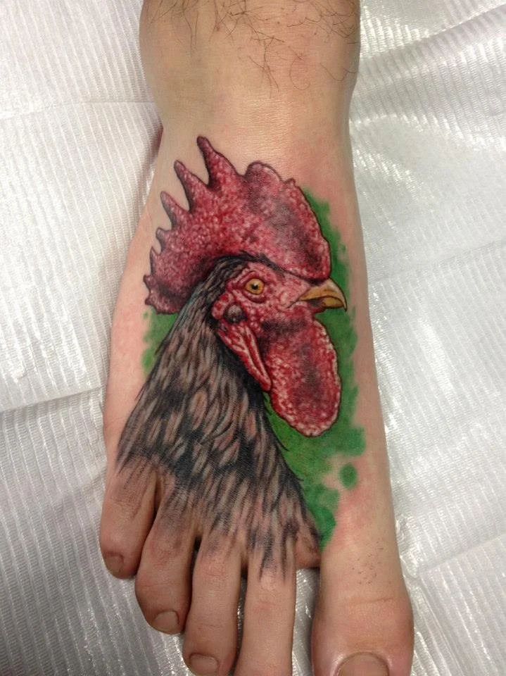 custom color rooster foot tattoo Austin by Andrew Matela