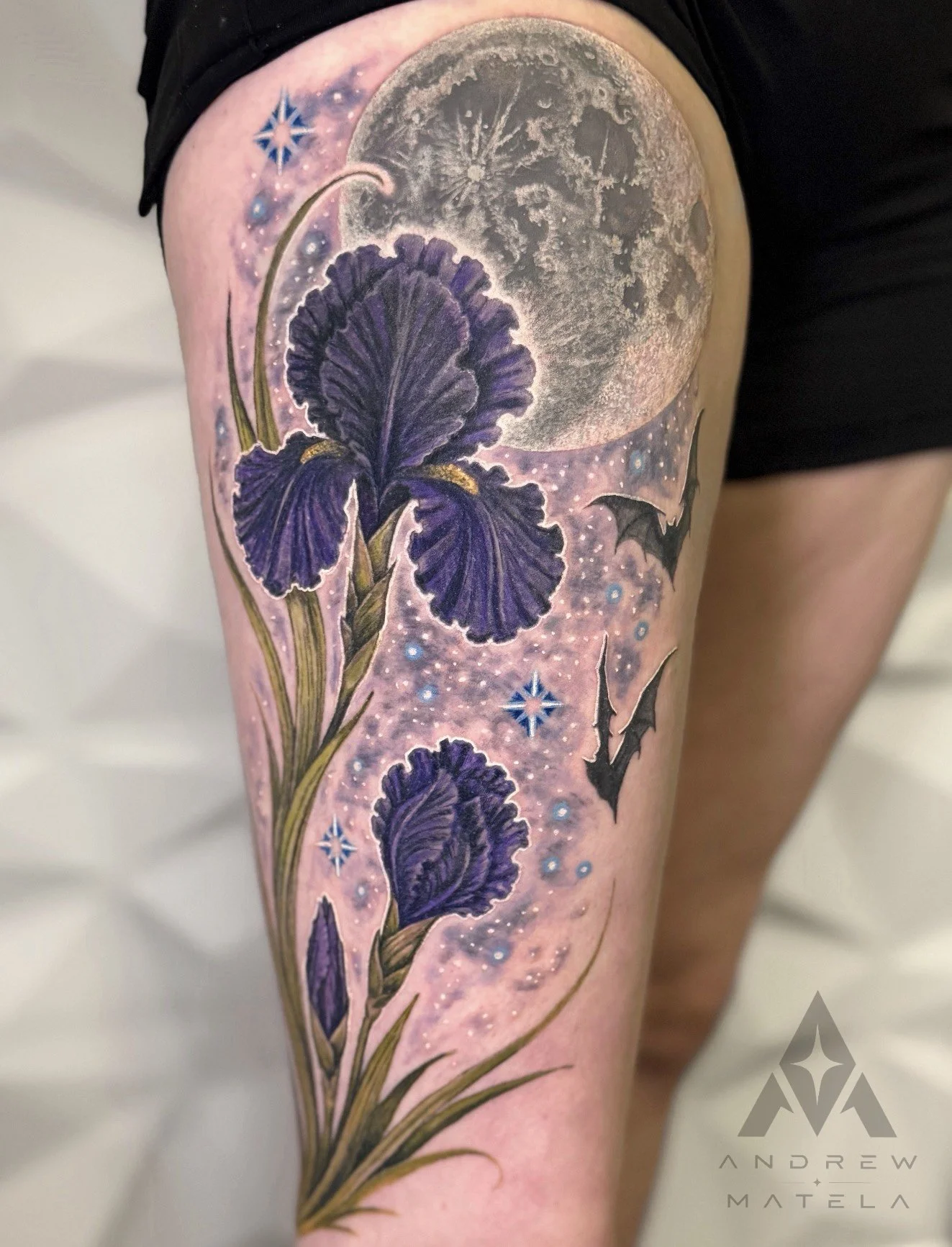 custom color iris moon bats thigh tattoo Austin by Andrew Matela