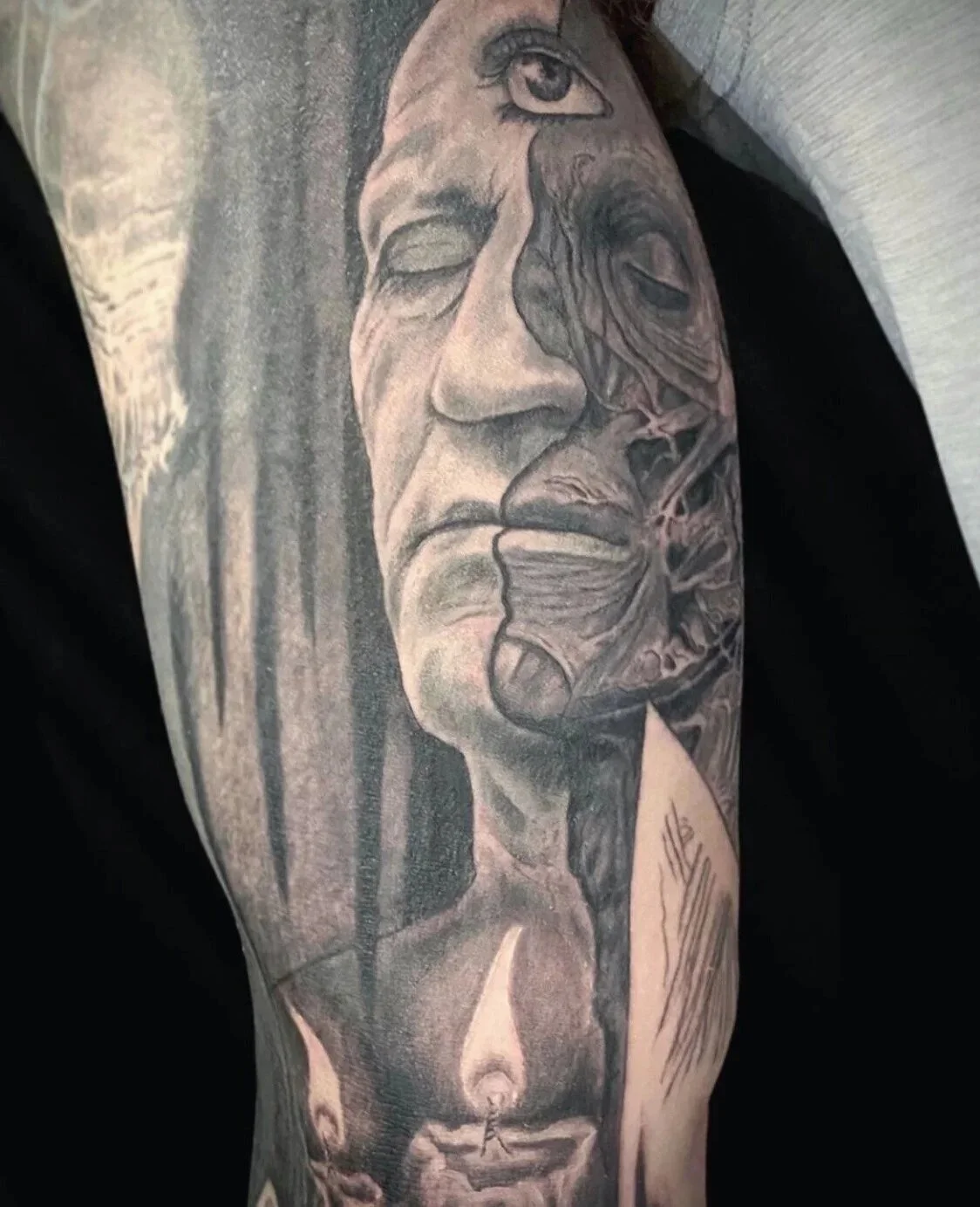 black and grey portrait flame tattoo Austin by Andrew Matela