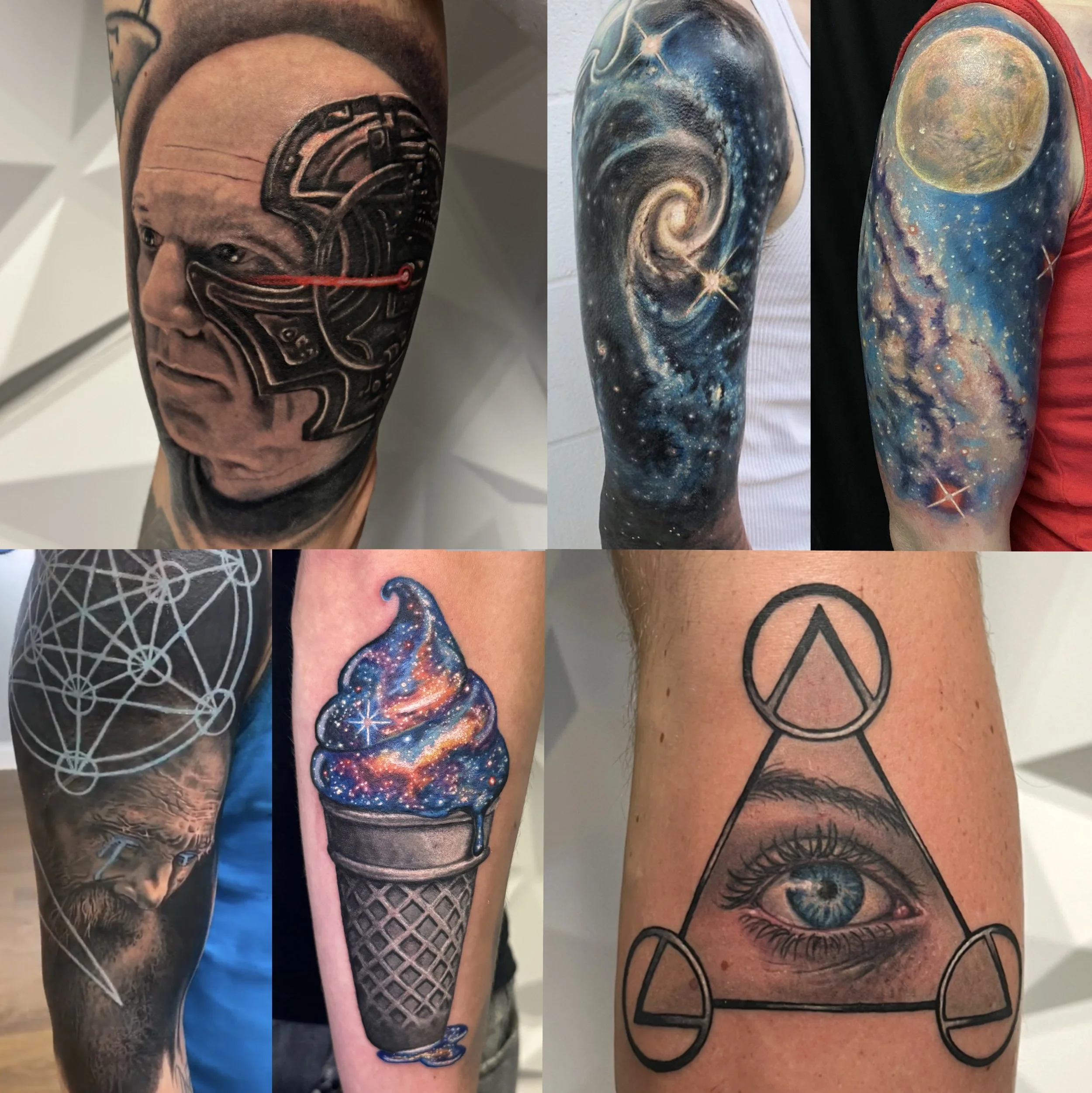 Surreal and space tattoos by Austin tattoo artist Andrew Matela featuring galaxy spirals, geometric designs, realistic portraits, and cosmic imagery