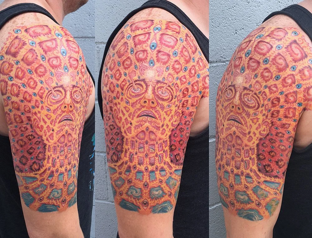 custom color visionary surreal Alex Grey inspired arm tattoo Austin by Andrew Matela