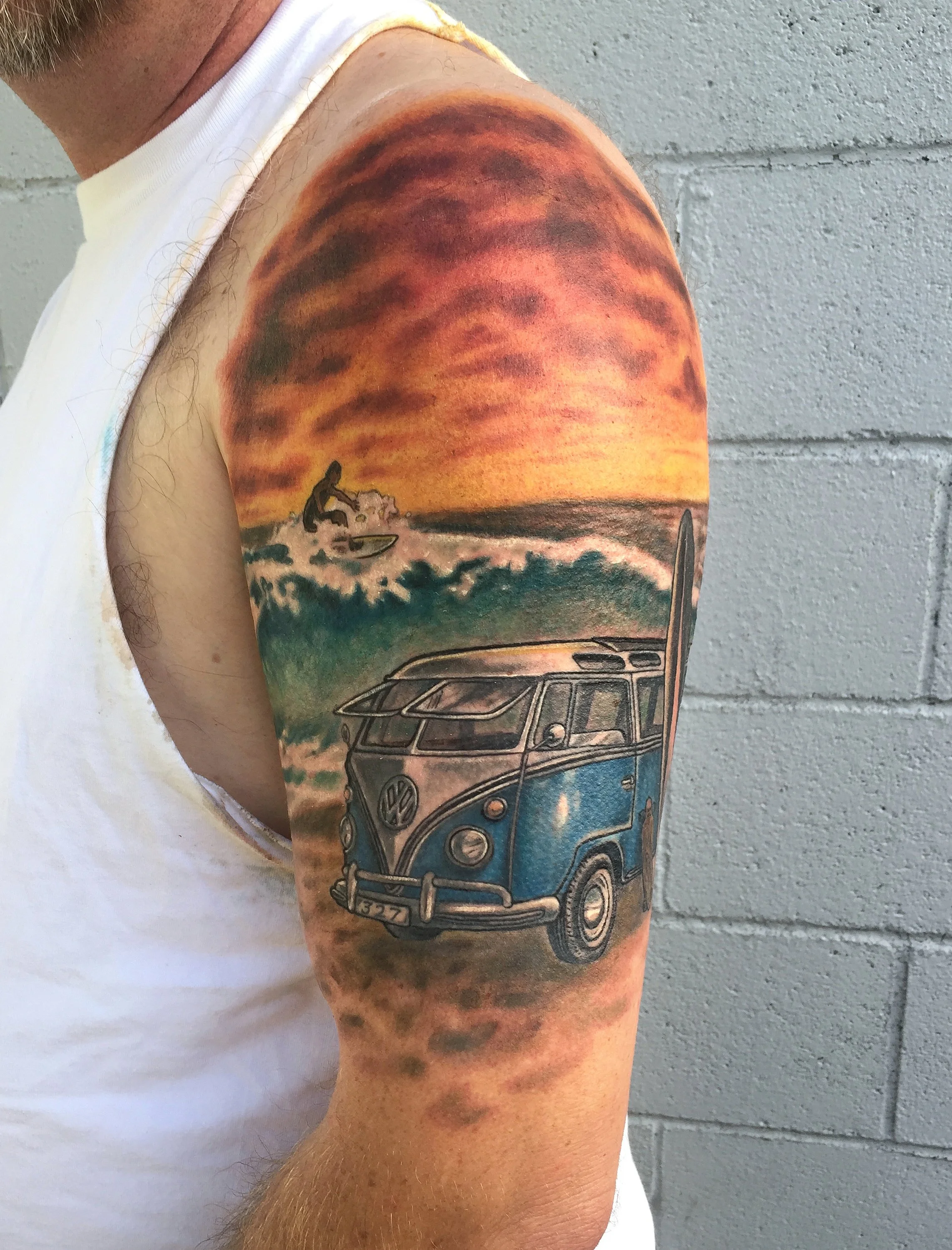 custom color surf van shoulder tattoo Austin by Andrew Matela