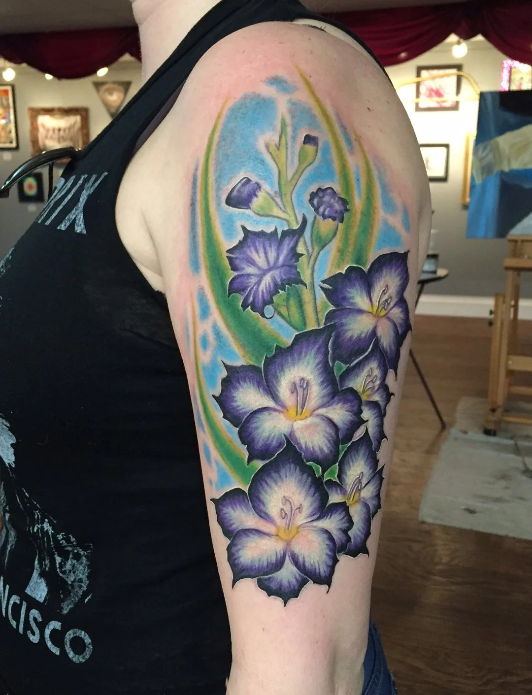 custom color purple floral shoulder tattoo Austin by Andrew Matela