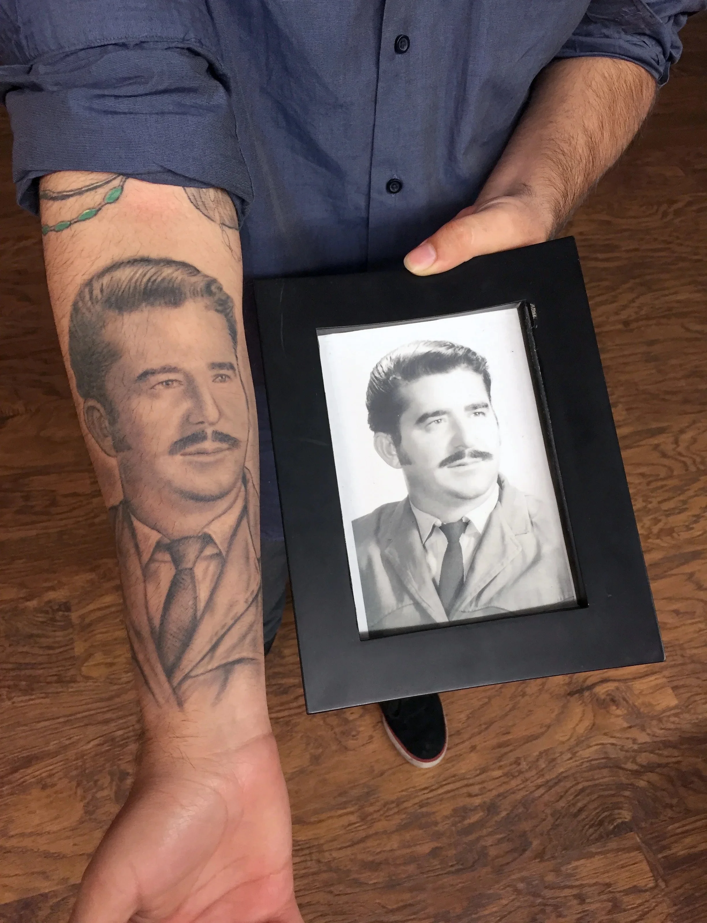 black and grey family portrait memorial tattoo Austin by Andrew Matela
