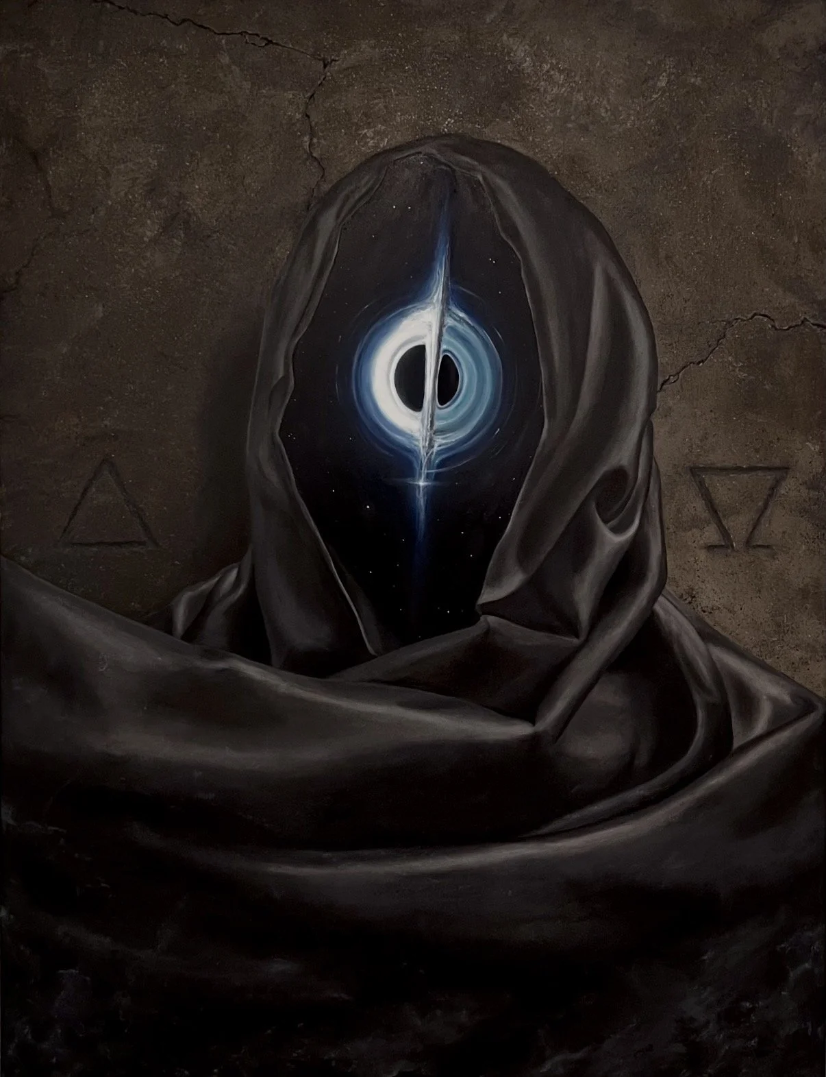 Oil painting by Andrew Matela of a hooded figure with a glowing black hole for a face, alchemical symbols on a cracked stone wall