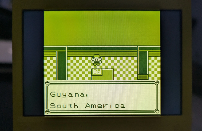 screenshot of pokemon red with the text "Guyana, South America" on screen