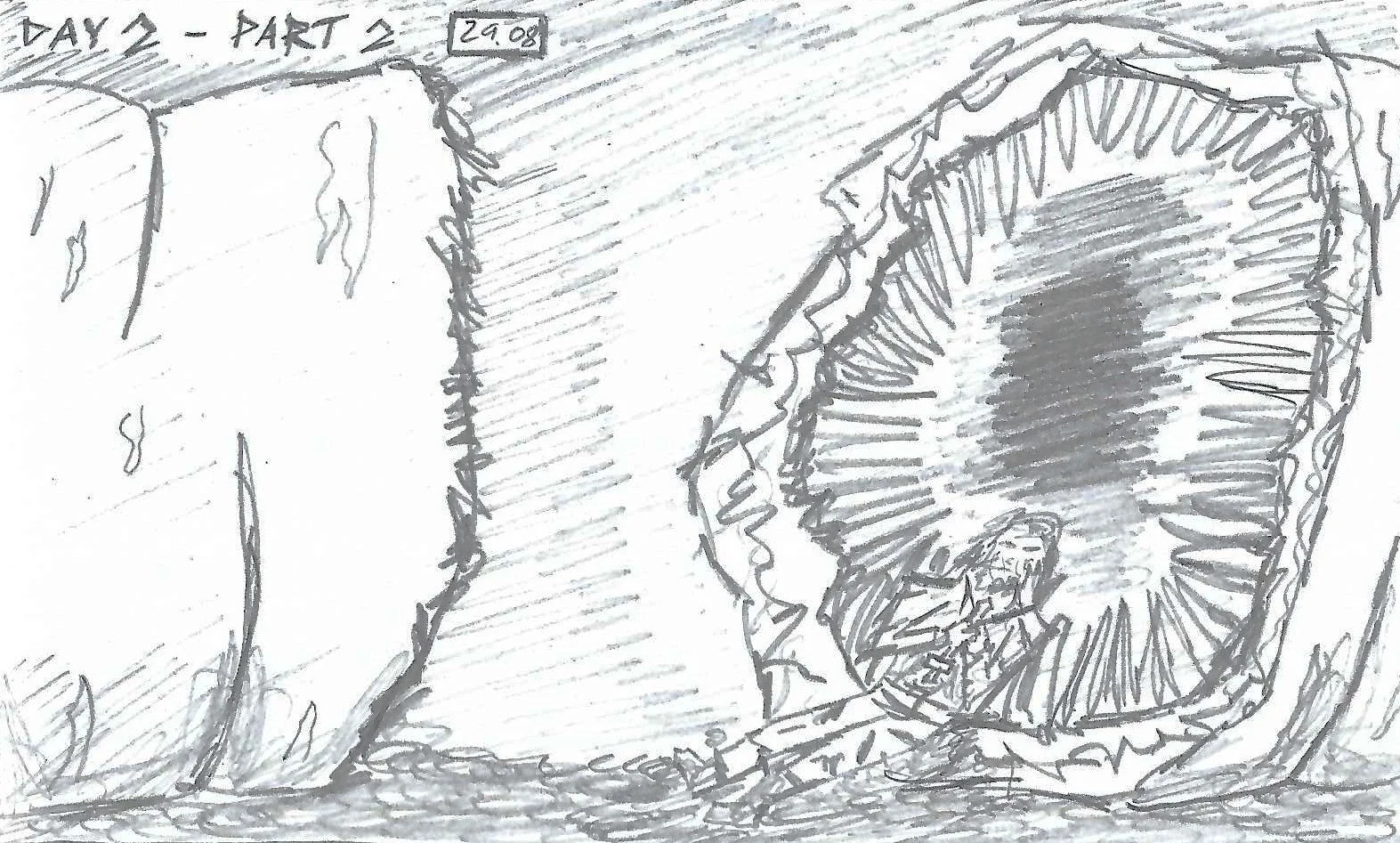 A rowers corpse, laid out with his weapon, at the bifurcated base of the dead worm