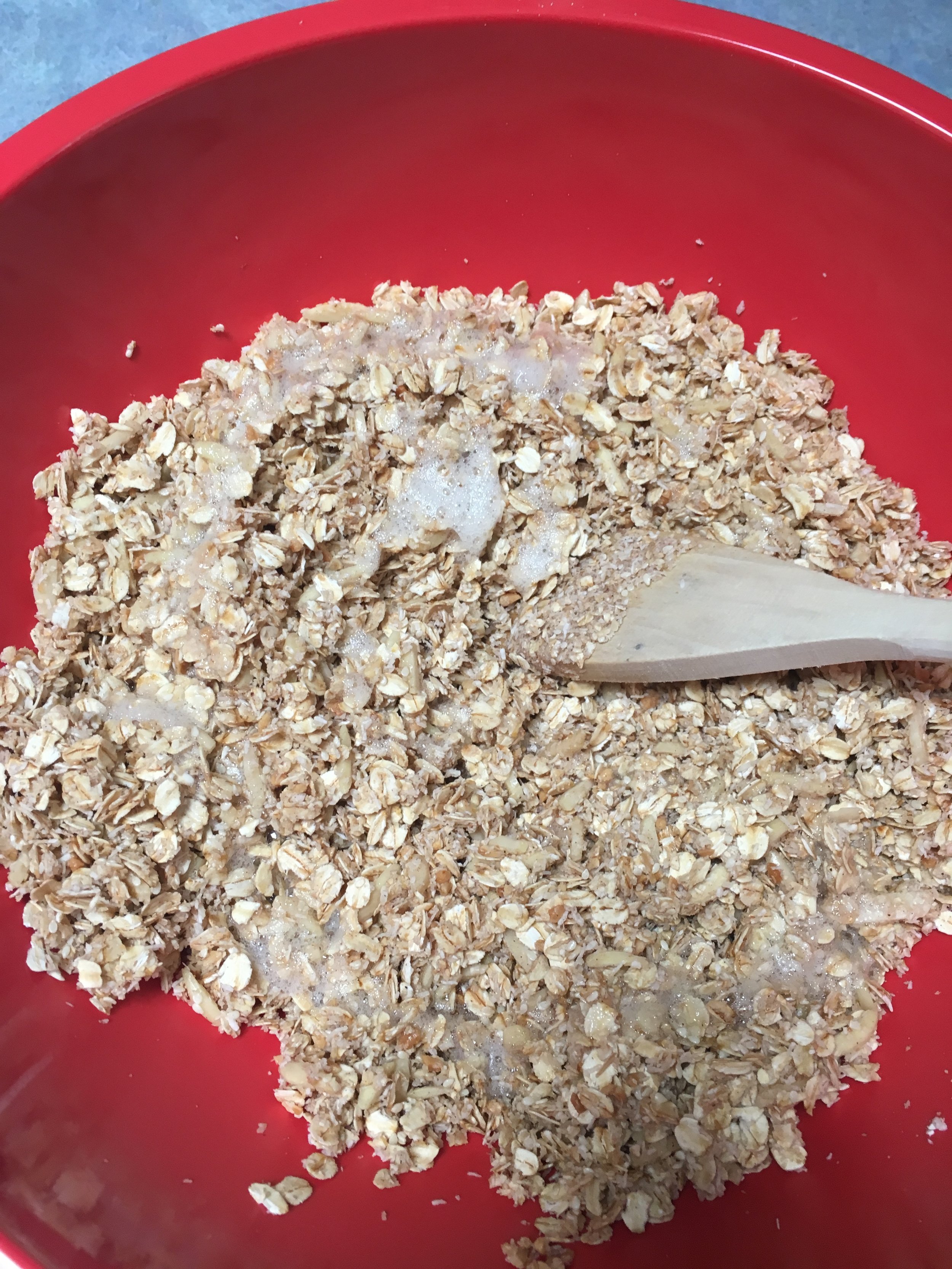 Pour whisked egg whites over mixture and stir to evenly coat mixture
