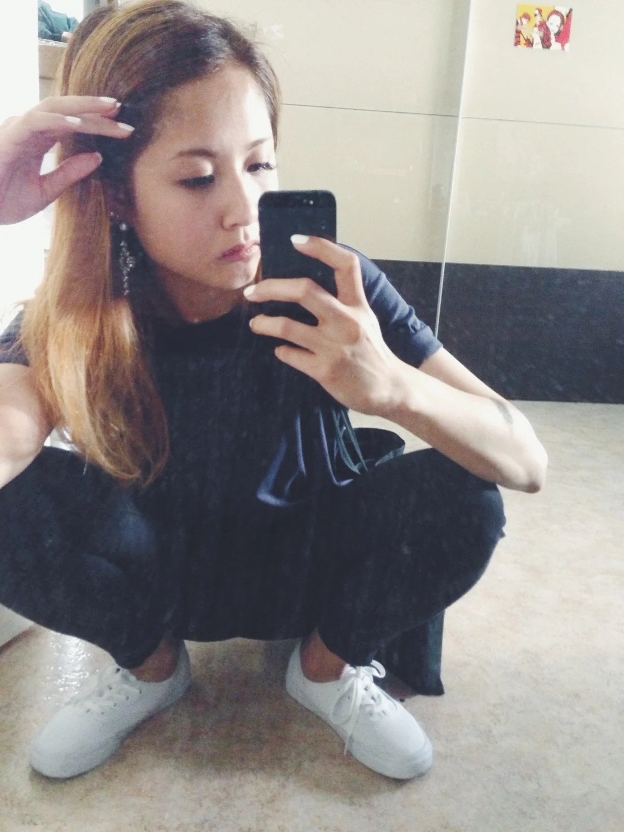 Sitting vietnamese style haha. Actually i feel comfortable sitting like this.
