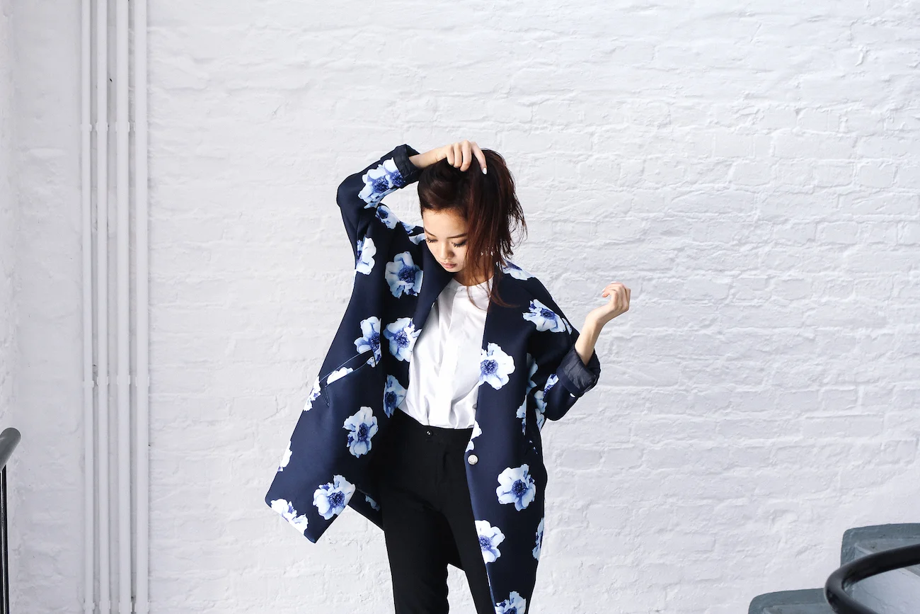 vietnamese fashion, floralpunk, floralpunk behind the scenes, shopping ho chi minh, saigon fashion, blue neoprene jacket, blue jacket flower print, oversize blue jacket