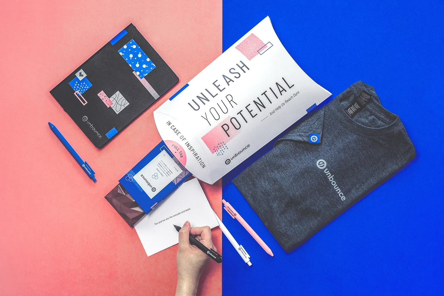 We gave staff a branded swag-pack containing a customizable notebook with stickers in the new brand look, new t-shirts, pens, values postcards, and branded gourmet chocolate. My favourite is Garrett Hughes’ copy on the box: “In case of inspiration, pull tab”.