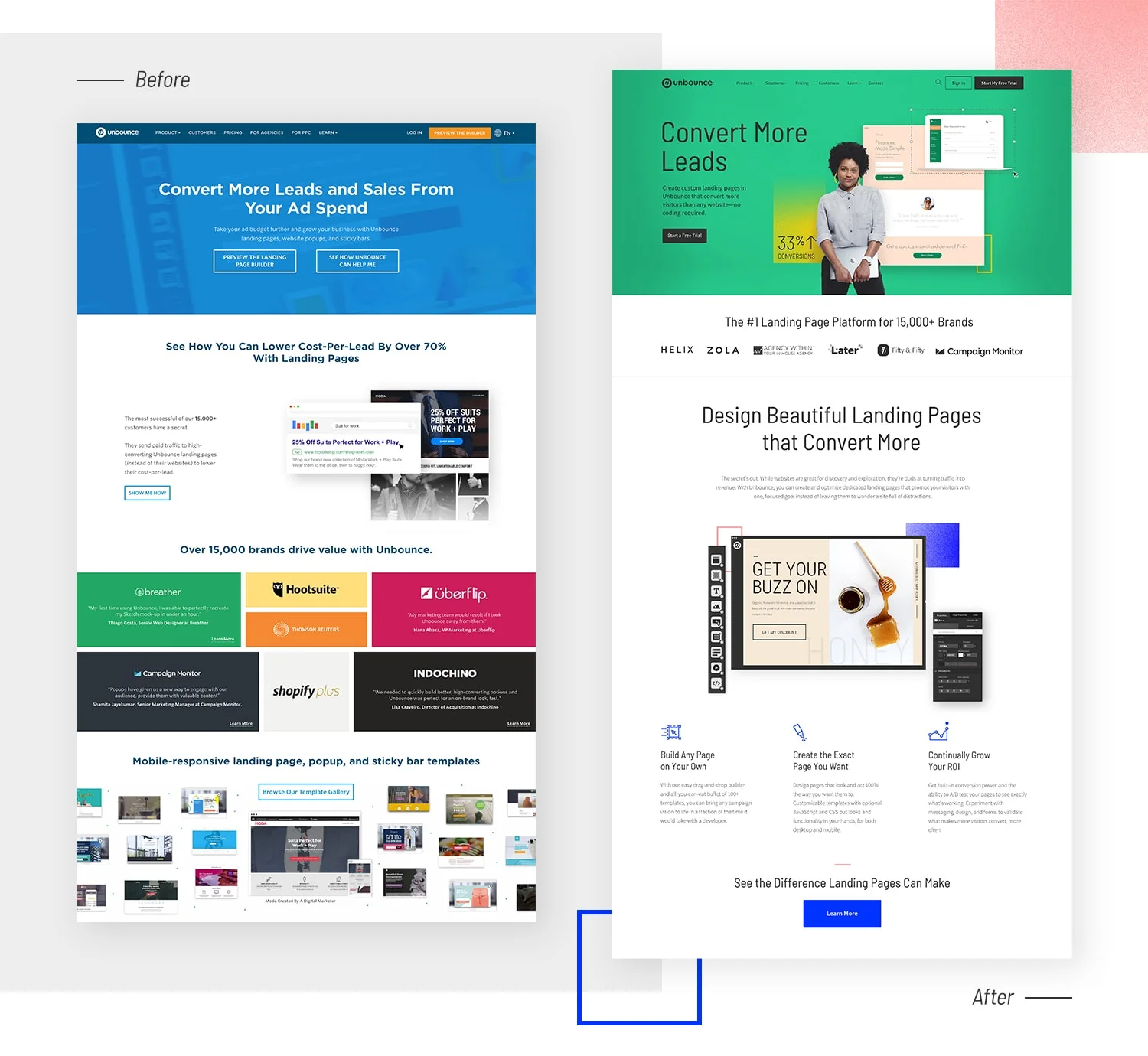 Our old, stagnant homepage vs. our new one.