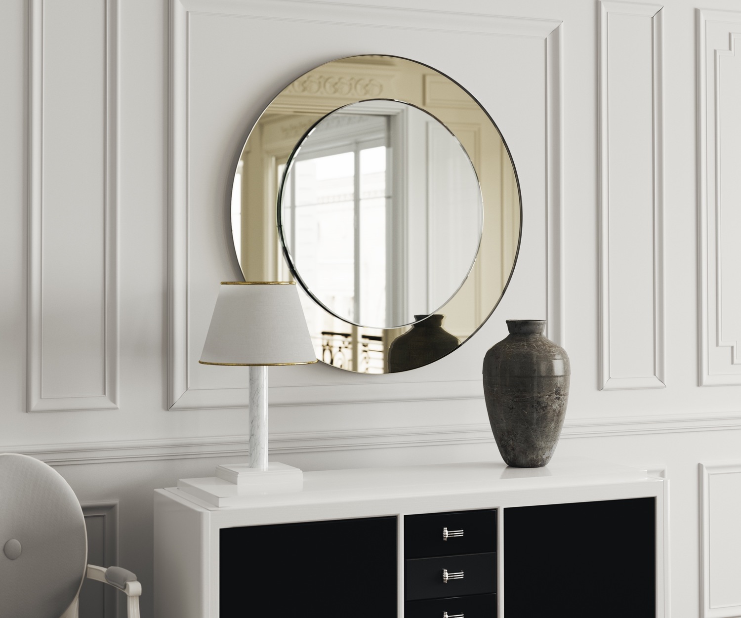 Light gold mirrored border on this Art Deco wall mirror