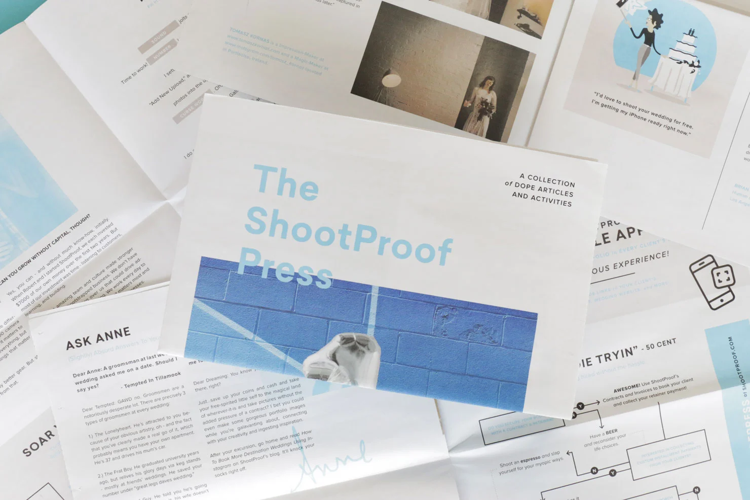 Newspaper design for ShootProof. The newspaper included interviews with current ShootProof users, a Q&A with one of the ShootProof co-founders, and ShootProof features disguised as interactive games.