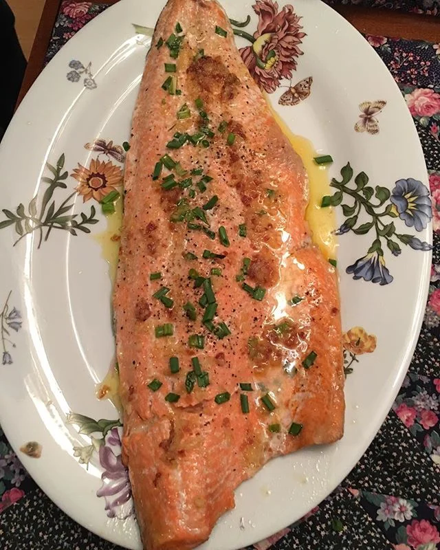 Home-cooked wild alaskan salmon, before and after. This is why we visit Seattle! (Plus my family is OK)