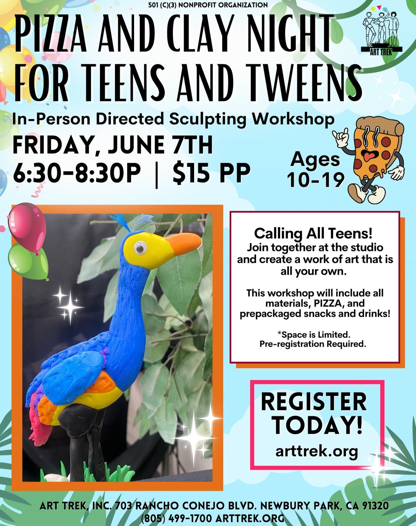 Calling all Tweens and Teens! Join us ⭐NEXT FRIDAY⭐ for Pizza and Clay Night! 🎨🍕

Next Friday, June 7th
6:30-8:30 PM
Ages 10-19
$15 Per Person

All art supplies will be provided for this activity. Pizza and snacks will be served! 💫

Register today