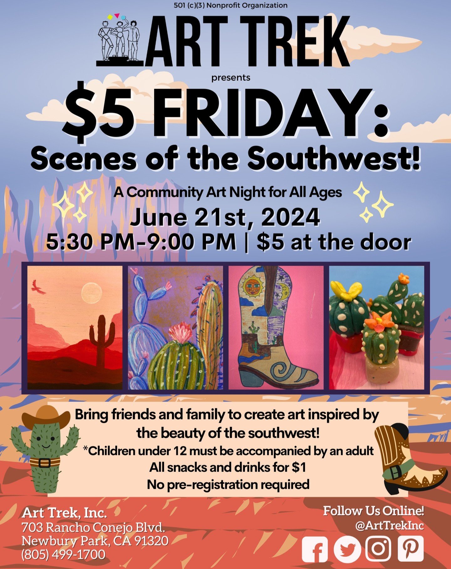 Our theme for $5 Friday is &quot;Scenes of the Southwest!&quot; Swipe for a special preview of this month's projects ⏩ 🎨 

Join us on Friday, June 21st to sculpt a Model Magic cactus, paint a monochromatic desert on wood panels, design your own boot