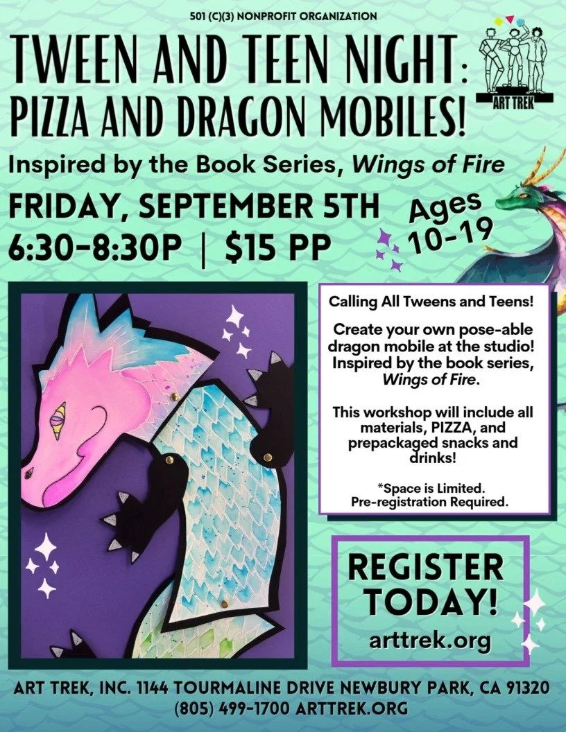 Join us for our next Tween and Teen Night! Create your own dragon puppet, inspired by the book series Wings of Fire. Gather at the studio for art, friends, food, and FUN! 🍕

🎨 Friday, September 5th
📍1144 Tourmaline Dr, Newbury Park
🕒 6:30-8:30 PM