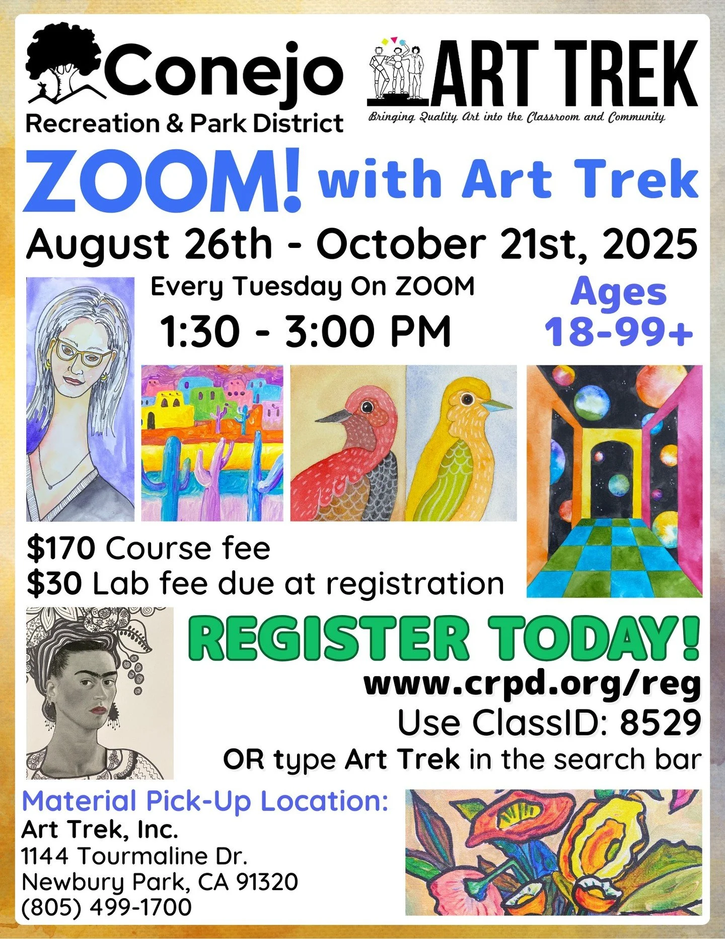 Join Art Trek online for our upcoming Zoom course-- open to ages 18 and up. We shall paint, use pastels and colored pencils, and thoroughly enjoy our Tuesday afternoons together! 

Register through CRPD-- Visit www.crpd.org/reg to enroll today. Use C