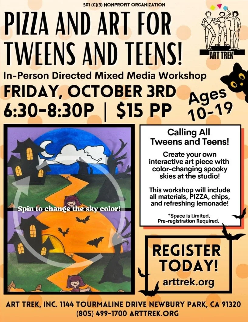 Join us TOMORROW for Tween and Teen Night and create an interactive art piece of your own! Workshop for ages 10-19. Gather at the studio for art, friends, food, and FUN! 🍕

🎨 This Friday, October 3rd
📍1144 Tourmaline Dr, Newbury Park
🕒 6:30-8:30 