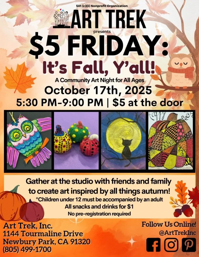 Join us next week for $5 Friday: It's Fall, Y'all! 🍂 Gather at the studio on October 17th to celebrate the autumn season with us and create amazing artwork of your own!

Create five fantastic art projects at our signature community art night using M