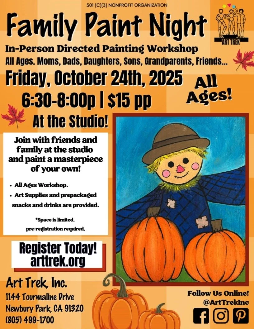 Gather at the studio with friends and family for this month's Family Paint Night! Paint scarecrows in a pumpkin patch-- fun for all ages to do!

Register online today! Click the link in our bio to visit arttrek.org/fampaint

Family Paint Night
Friday