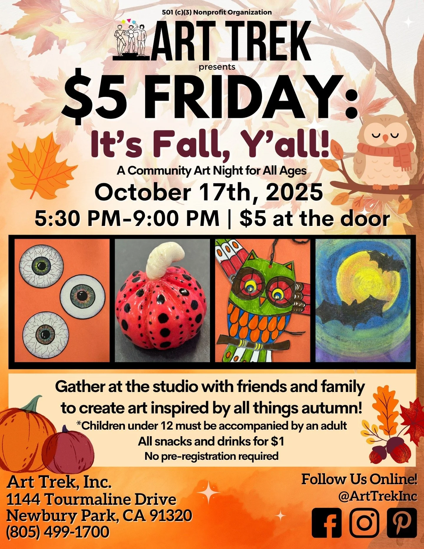 Join us this week for $5 Friday: It's Fall, Y'all! 🍂 Gather at the studio on October 17th to celebrate the autumn season with us and create amazing artwork of your own!

Create five fantastic art projects at our signature community art night using M