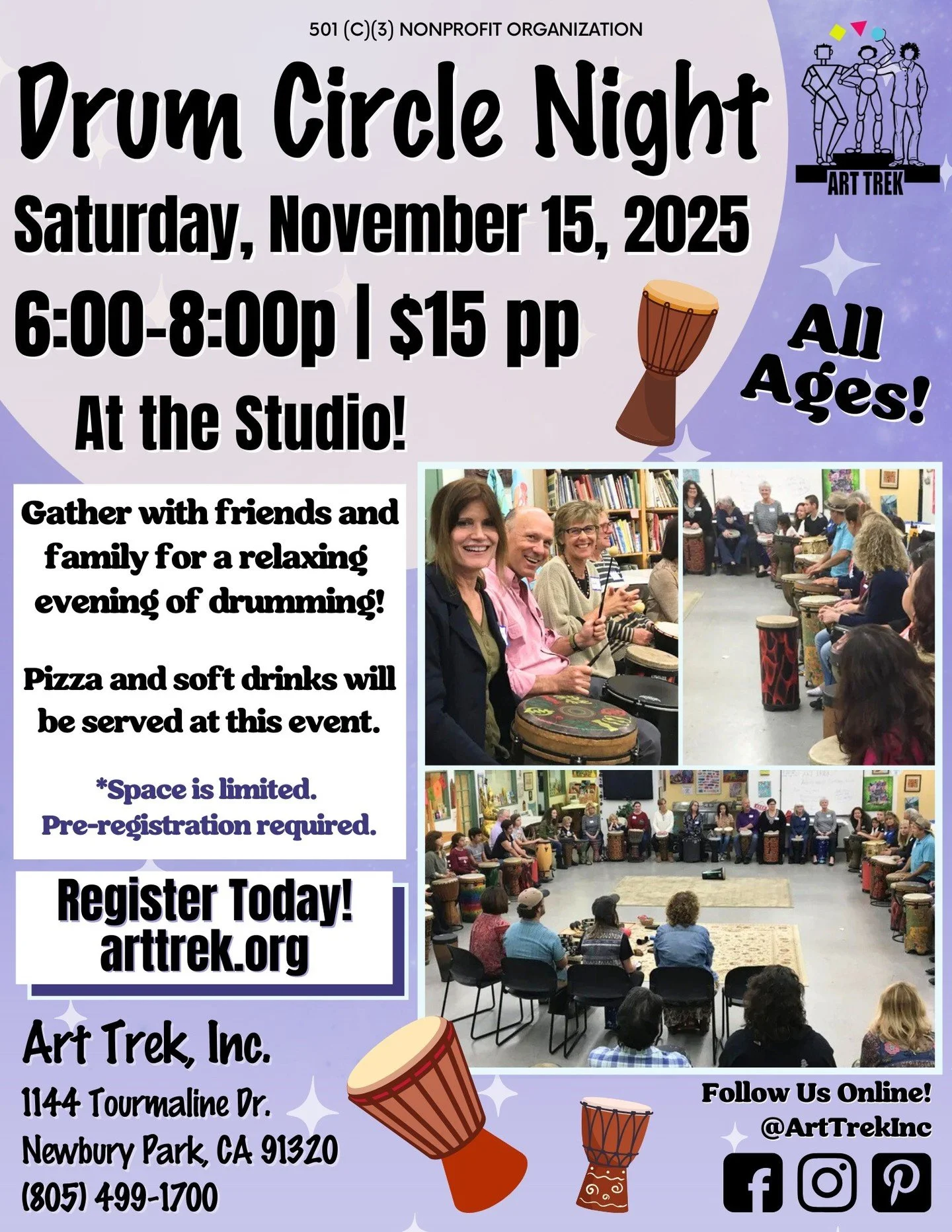 Join us at the studio on Saturday, November 15th, for a relaxing evening of drumming! All ages are welcome at Art Trek's first Drum Circle in our new studio-- children under 12 must be accompanied by an adult. 

Online registration is required. Pizza